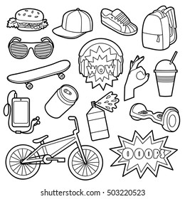 Fashion Patch Set with teenager and sport objects. Pin badges set. Stickers collection. Appliques for denim or clothes. Black and white coloring page.