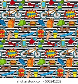 Fashion Patch Set with teenager and sport objects on striped background. Pin badges set. Stickers collection. Wallpaper from colorful appliques for denim or clothes.