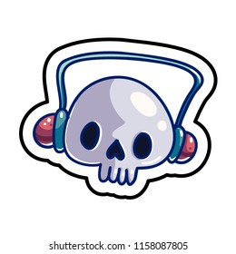 Fashion patch skull badge. Character with headphones. Music love to death concept. Music band logo. Cute funny sticker