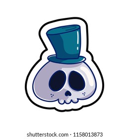 Fashion patch skull badge. Cute comic style sticker. Character in cyllinder hat. Mexican cute day of death symbol
