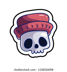 Fashion patch skull badge with hat. Old school temporary tattoo template.  Day of death character. Halloween sticker. 