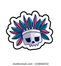 Fashion patch skull badge with indian headdress with feathers . Old school temporary tattoo template. Day of death character. Halloween sticker. 