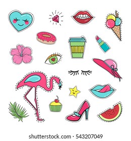 Fashion patch sticker badge collection set: lips, mouth, tongue, ice cream, donut, flower, coffee, cupcake, shoe, lipstick, flamingo, watermelon, star, hat, palm leaves. Isolated on white background.