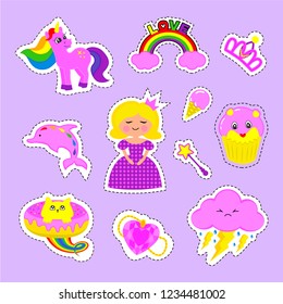 Fashion patch stickers badges with princess, crown, pony, unicorn, ice cream, cats, kitten, rainbow, Dolphin, Very large set of girlish and boyish stickers, patches in cartoon. Girlish stickers.