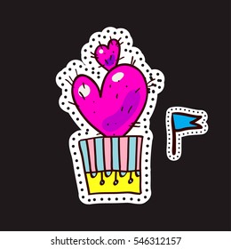 Fashion patches, brooches with cacti, hearts, flags. Cute Vector Doodles funny, clothes pins, jacket, stickers, patches, pins, badges. Cartoon style of the 80s, 90s Modern Pop Art Embroidery