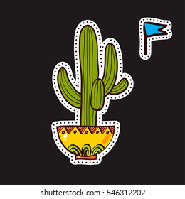 Fashion patches, brooches with cacti, hearts, flags. Cute Vector Doodles funny, clothes pins, jacket, stickers, patches, pins, badges. Cartoon style of the 80s, 90s Modern Pop Art Embroidery
