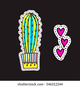 Fashion patches, brooches with cacti, hearts, flags. Cute Vector Doodles funny, clothes pins, jacket, stickers, patches, pins, badges. Cartoon style of the 80s, 90s Modern Pop Art Embroidery