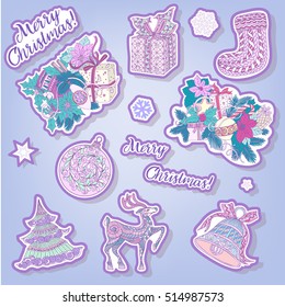 fashion patches with Christmas symbols: deer, bell, ball, fir-tree, wreath, toys, socks. This illustration can be used as a print on T-shirts, bags, tattoo, badges or patch