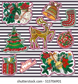 fashion patches with Christmas symbols: deer, bell, ball, fir-tree, wreath, toys, socks. Seamless pattern