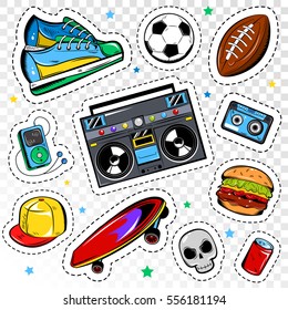 Fashion patches collection with sneaker soccer rugby balls recorder skateboard cap skull cassete burger soda can isolated vector illustration