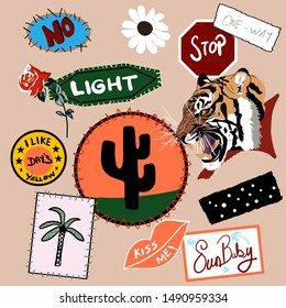 Fashion patches collection. Vector illustration of  tiger, cactus, warning signs, flower, palm, rose, slogans. Isolated on background.