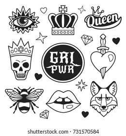 Fashion patches collection. Vector illustration of medieval style female badges and symbols, such as crown, heart with dagger, skull in crown, fox face, lips, eye and bee. Isolated on background. 