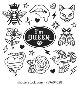 Fashion patches collection. Vector illustration of ouline nature icons, such as bee, heart with snake, Blue Jay, cat face, lips, moth and lily. Isolated on background.