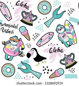 Fashion patches with cute funny sloths and summer items on a white background seamless pattern