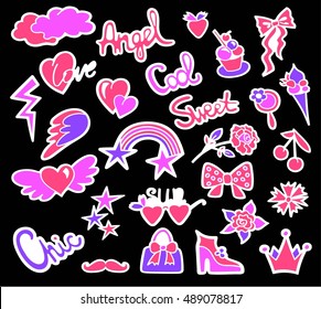 Fashion patches. Cute stickers - rainbow, heart, shoe, rose, wings, clouds, stars, sweets, sherry, crown. Vector illustration hand drawn.