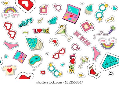 Fashion patches doodle set. Collection of funny comic girl teens colouring badges fashionable teenage fabric kawaii stickers ice cream donut diary gems. Feminine labels seamless illustration for print