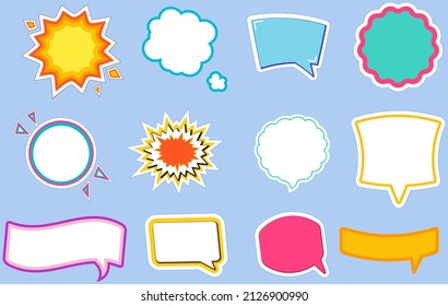 Fashion patches with empty place for text or inscriptions, colored comic icons. Conversation phrases as modern stickers. Cartoon style patch badges, colorful sticker pack background pattern