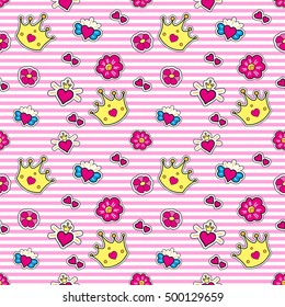 Fashion patches pattern vector with crown, hearts and flowers for little princess. Print for girls on pink stripes background.