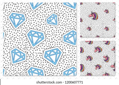 Fashion patches patterns set. 3 comic style seamless background with badges or stickers. Cartoon comic culture of 80s-90s. Vector design kit for decoration.
