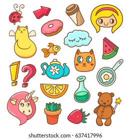 Fashion patches, pins, badges and stickers. Pop art collection in cartoon 80s-90s style. Vector illustration isolated on white background.