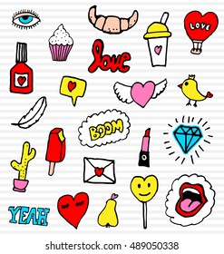 Fashion patches set - iconic elements - heart, diamond, mail, cactus, lips, cosmetics, eye, bird, fashion patch - Hand drawn fashion patch sticker collection - fashion patch and badges and pins set