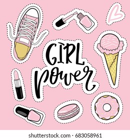 Fashion Patches Set.Girl Power.Modern Pop Art Stickers. Vector Illustration.