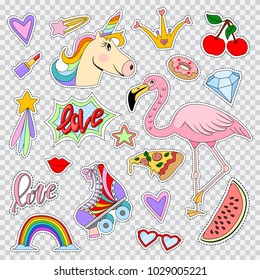 Fashion patches and stickers with unicorn, flamingos, rainbow, lip, lipstick, roller skates, star, hearts and etc. Vector cartoon comic icons set isolated on transparent background.