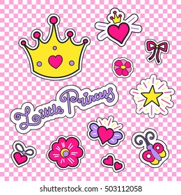 Fashion patches vector with crown, hearts, stars, flowers and other elements for little princess. Set stickers or tags for girls isolated.