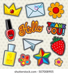 Fashion patches vector icons. Fruit and colorful elements badge illustration