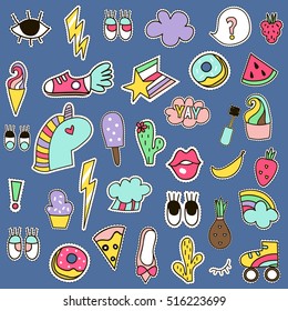 Fashion Patches vector set. lightning, unicorn, lips, eyes, donut, ice cream, cactus, strawberry, cloud, rainbow, roller skates, sneakers