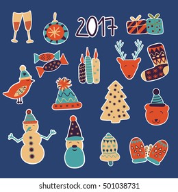 Fashion patches for winter holidays with deer, bear, candles, bell, mittens, glasses, bird, cap, candies, santa claus, gifts, christmas tree, stocks. Vector illustration isolated on white background. 