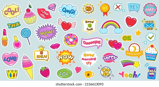 Fashion patches with words dialogue inscriptions vector colored comic icons. Conversation phrases as modern stickers. Cartoon style patch badges with text, colorful sticker pack background pattern