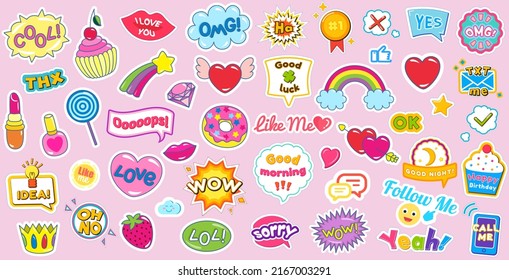 Fashion patches with words dialogue inscriptions vector colored comic icons. Conversation phrases as modern stickers. Cartoon style patch badges with text, colorful sticker pack background pattern