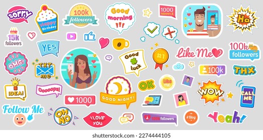 Fashion patches with words dialogue inscriptions vector colored comic icons. Conversation phrases as modern stickers. Cartoon style patch badges with text, colorful sticker pack background pattern