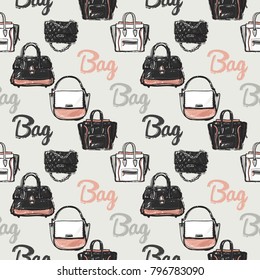 Fashion pattern with bag lettering, ladies handbag, brand fashionable clutch. Trend hand drawn fashion accessory sketch seamless pattern in vogue style. 