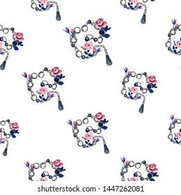 Fashion pattern with chain belt blue pink roses. Vintage floral sketch seamless pattern on white background. Baroque fabric design. Flowers on belts, nature and art.