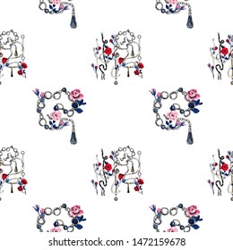 Fashion pattern with chain belt and roses. Baroque fabric design. Vintage floral sketch seamless pattern on white background. Flowers on belts, nature and art.