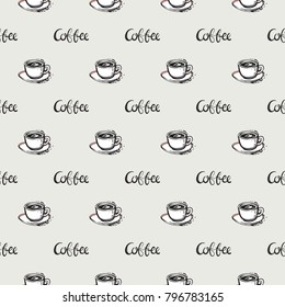 Fashion pattern with coffee lettering, cup and saucer. Trend hand drawn fashion accessory sketch seamless pattern in vogue style. Fashionable background