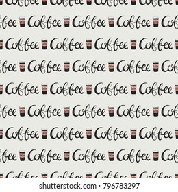 Fashion pattern with coffee lettering and coffee cup. Trend hand drawn fashion accessory sketch seamless pattern in vogue style. Fashionable background