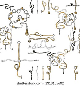 Fashion pattern with crossing leather belts, cross chain straps. Hand drawn vector sketch seamless pattern on white background. Fabric design for shawl and scarf.