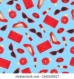 Fashion pattern design with parfume, heels, bags, pomades, lips and sumglasses. Fashion background black and red color