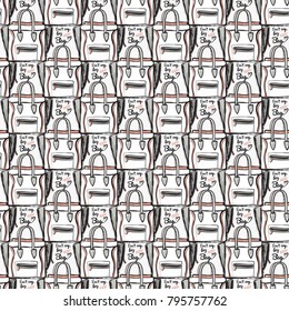 Fashion pattern with do not cry buy new bag lettering and ladies bag. Trend hand drawn fashion accessory sketch seamless pattern in vogue style. Fashionable background