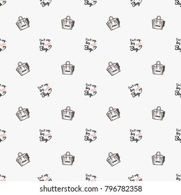 Fashion pattern with do not cry buy new bag lettering and ladies bag. Trend hand drawn fashion accessory sketch seamless pattern in vogue style. Fashionable background