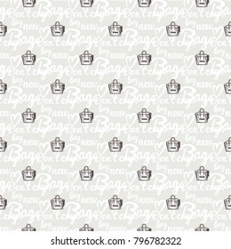 Fashion pattern with dont cry buy new bag lettering and ladies bag. Trend hand drawn fashion accessory sketch seamless pattern in vogue style. Fashionable background