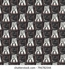 Fashion pattern with dont cry buy new bag lettering and brand bag. Trend hand drawn fashion accessory sketch seamless pattern in vogue style. Fashionable background