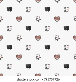 Fashion pattern with fashionable clutch and do not cry buy new bag lettering. Trend hand drawn fashion accessory sketch seamless pattern in vogue style. Fashionable background