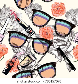 Fashion pattern with glasses, cosmetics and roses