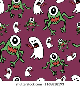 Fashion pattern with hand drawn ghost and monster alien for halloween textile print and wrapping. Vector childish drawing for baby and kids.