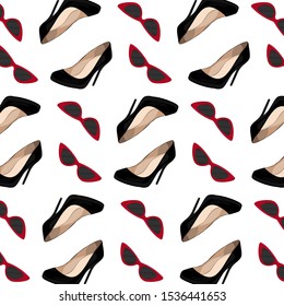 Fashion pattern with heels and sunglasses. Fashion background with heels sunglasses. Shoes and sunglasses pattern design