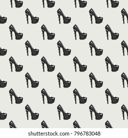 Fashion pattern with high heel shoes. Trend hand drawn fashion accessory sketch seamless pattern in vogue style. Fashionable background